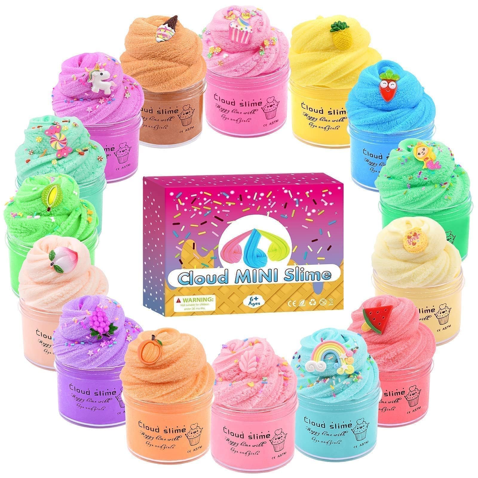 15 Pack Cloud Slime Kit for Kids, with Peach Cake Fruits Animals, and Pink Charms, Scented DIY Slime Supplies for Girls and Boys, Stress Relief Toy for Kids, Education Birthday Party Favor 4-12