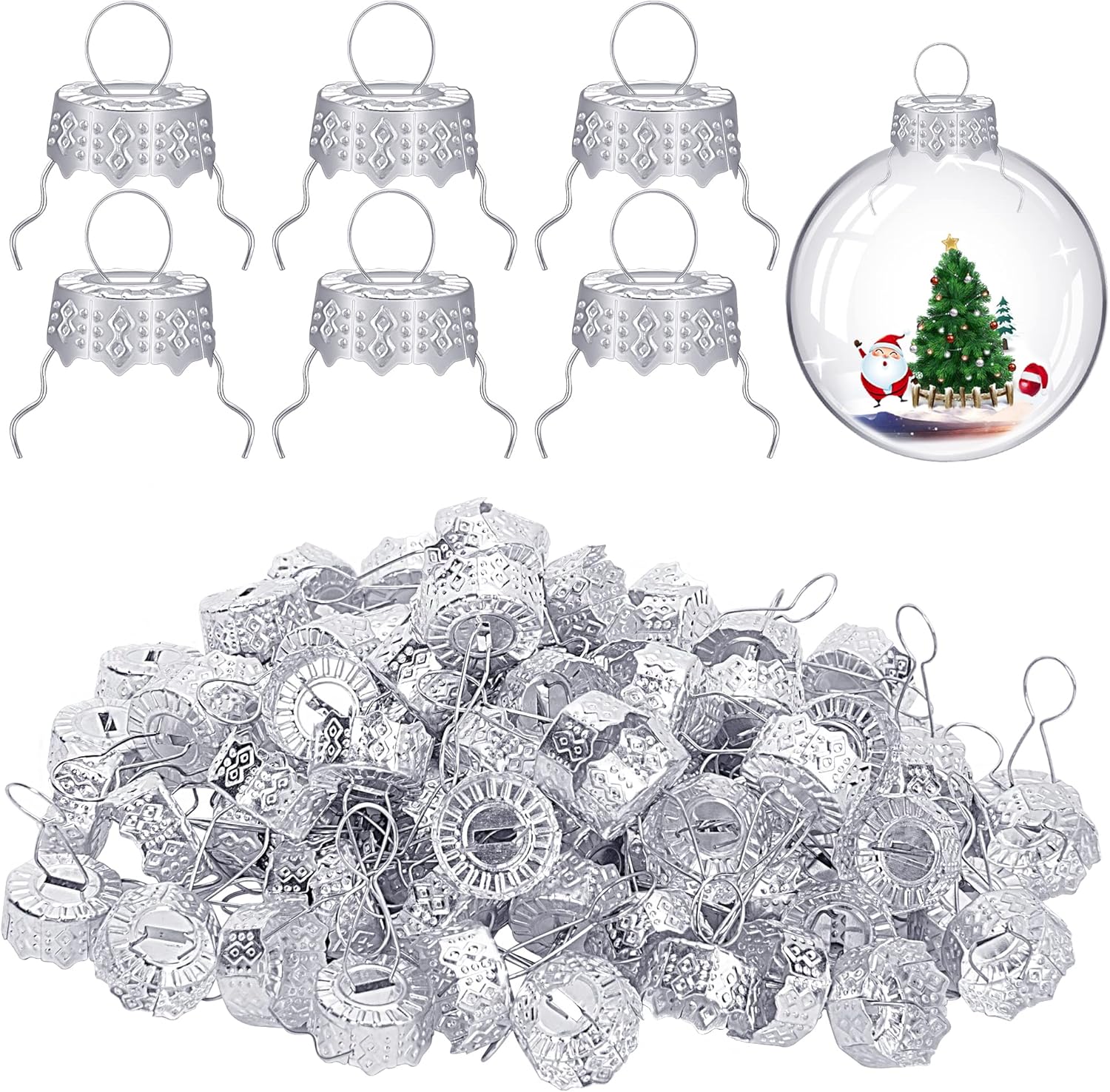 Ornament Hooks - moonoom 100 Pieces Round Christmas Ornament Caps, Replacement Ornament Hangers for Christmas Tree, Porcelain, Ceramic or Glass DIY Decorations (Silver-1/2inch)