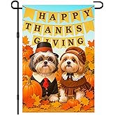 IVN Happy Thanksgiving Garden Flag 12x18 Inch Double Sided Dog Shih Tzu Pumpkin Pilgrim Harvest Outdoor Fall Yard Flag for Outside Home Front Door Lawn Porch Patio Farmhouse Welcome Decor