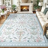 Collive 8x10 Area Rug for Living Room, Boho Blue Classical Floral Washable Rug Non Slip, Soft Ultra-Thin Indoor Decor Elegant Carpet for Girls Bedroom Kids Room Dining Room Playroom
