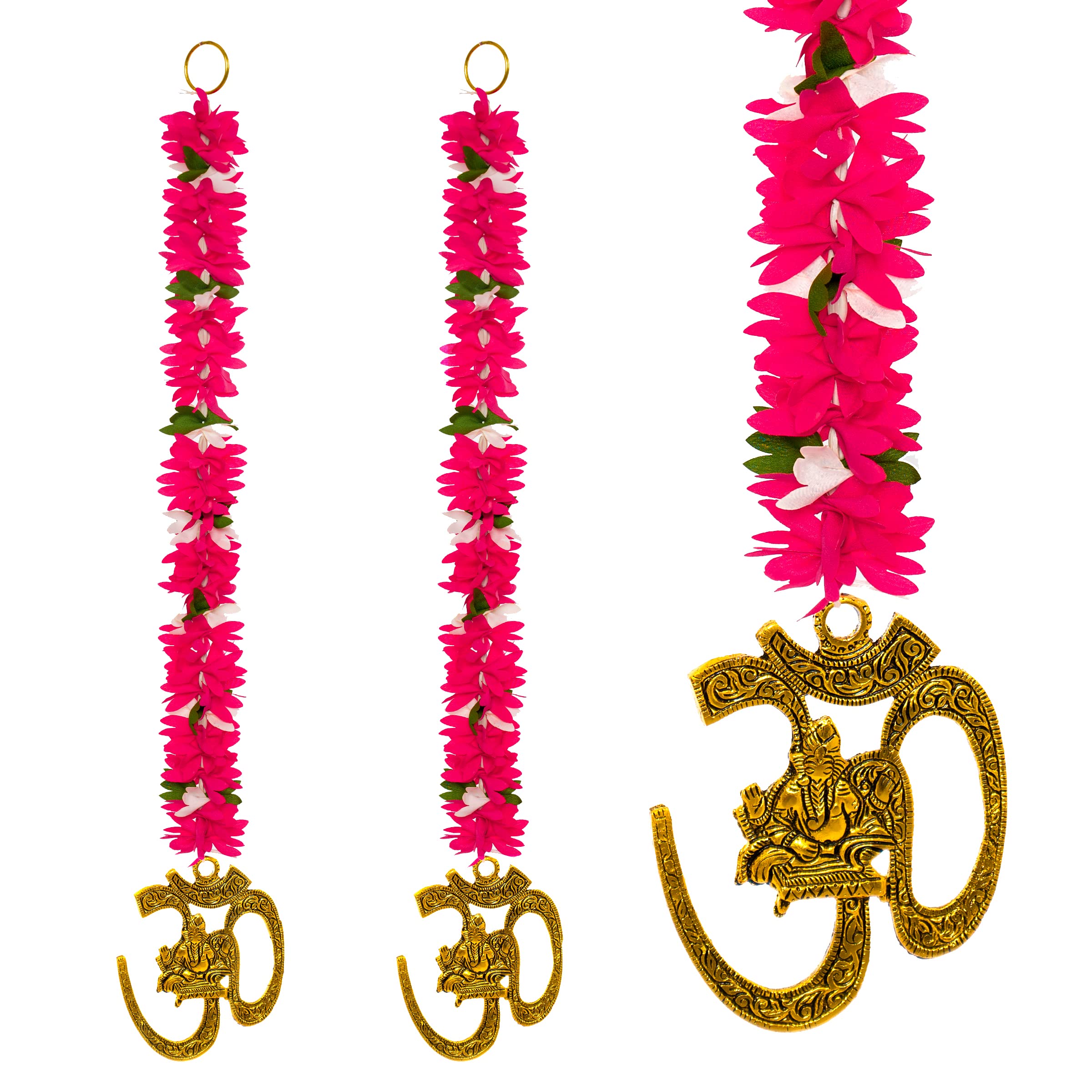 Tarini Gallery Set of 2 Metal Om Hangings with Artificial Flower Traditional Handcrafted Latkan Home Décor for Door Wall Home Temple Offices Hotel and Gifting