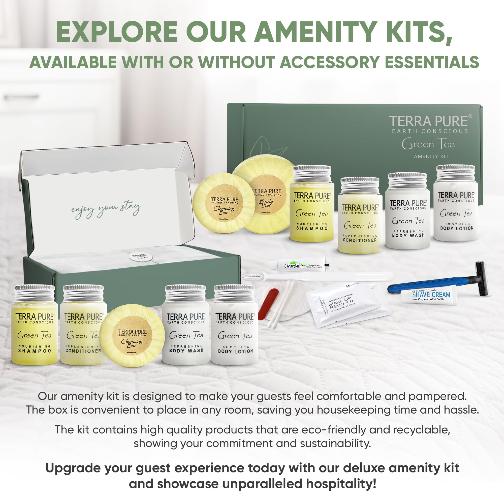 Terra Pure Green Tea Amenity Kit | Boxed Hotel Bulk Toiletries | 1 oz Shampoo, Conditioner, Lotion, Body Wash, Body Bar Soap for Guest Hospitality Vacation Rentals | 1 Set/Case