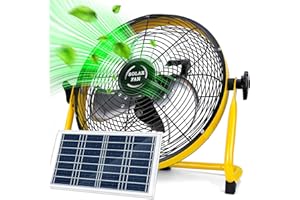 DBF 12" Solar Powered Fan, 15000 mAh Rechargeable Battery Operated Outdoor Floor Fan, 20W Solar Panel, 4-24H Runtime, 12 Speeds, Quiet, Cordless, Heavy Duty Metal Blade for Camping Home Outage, Yellow
