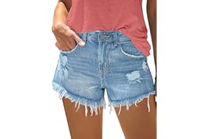 onlypuff Women's Ripped Mid Waisted Denim Shorts with Pockets