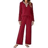 Blooming Jelly Womens 2 Piece Pajama Sets Matching Wide Leg Pj Sets Flannel Puff Sleeve Fall Outfits (XXL,Red)