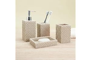 SEICASAYA 4-Piece Bathroom Accessory Set – Modern Resin & Sandstone Vanity Organizer, Vintage Texture Lotion Dispenser, Tooth