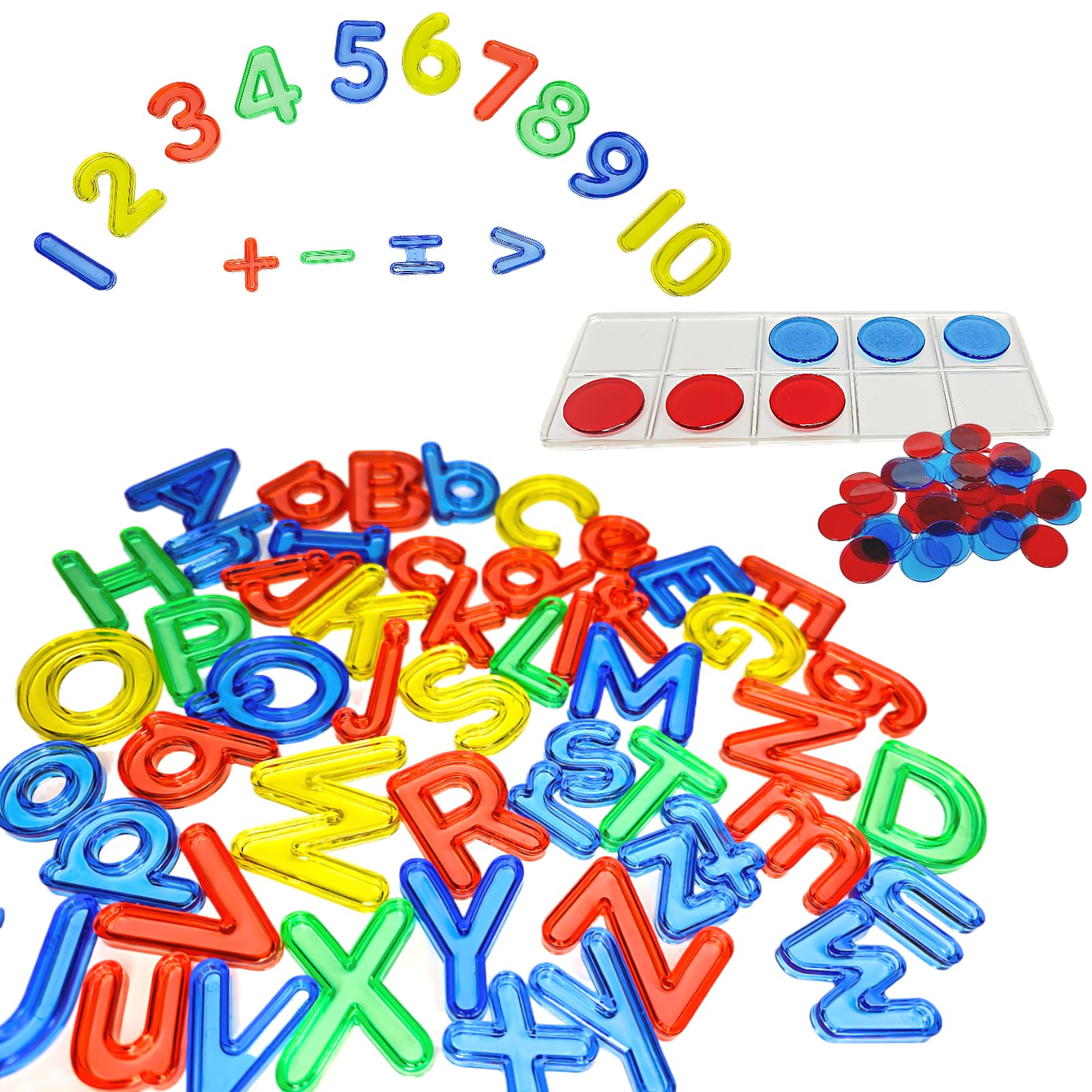 Photo 1 of NNHOM Colorful Acrylic Letters and Numbers Set,Transparent Light Table Manipulatives Alphabet Letters,Include 52 Letters,10 Numbers,Ten Frame & Counters.Ideal for Spelling,Counting