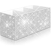 Bling Makeup Brush Holder Organizer, 3 Slot Sparkle Cosmetics Brushes Storage Holders with Shiny Rhinestones, Glitter Cute Pen and Pencil Holder for Desk, Eyeliners Display Case for Vanity（White）
