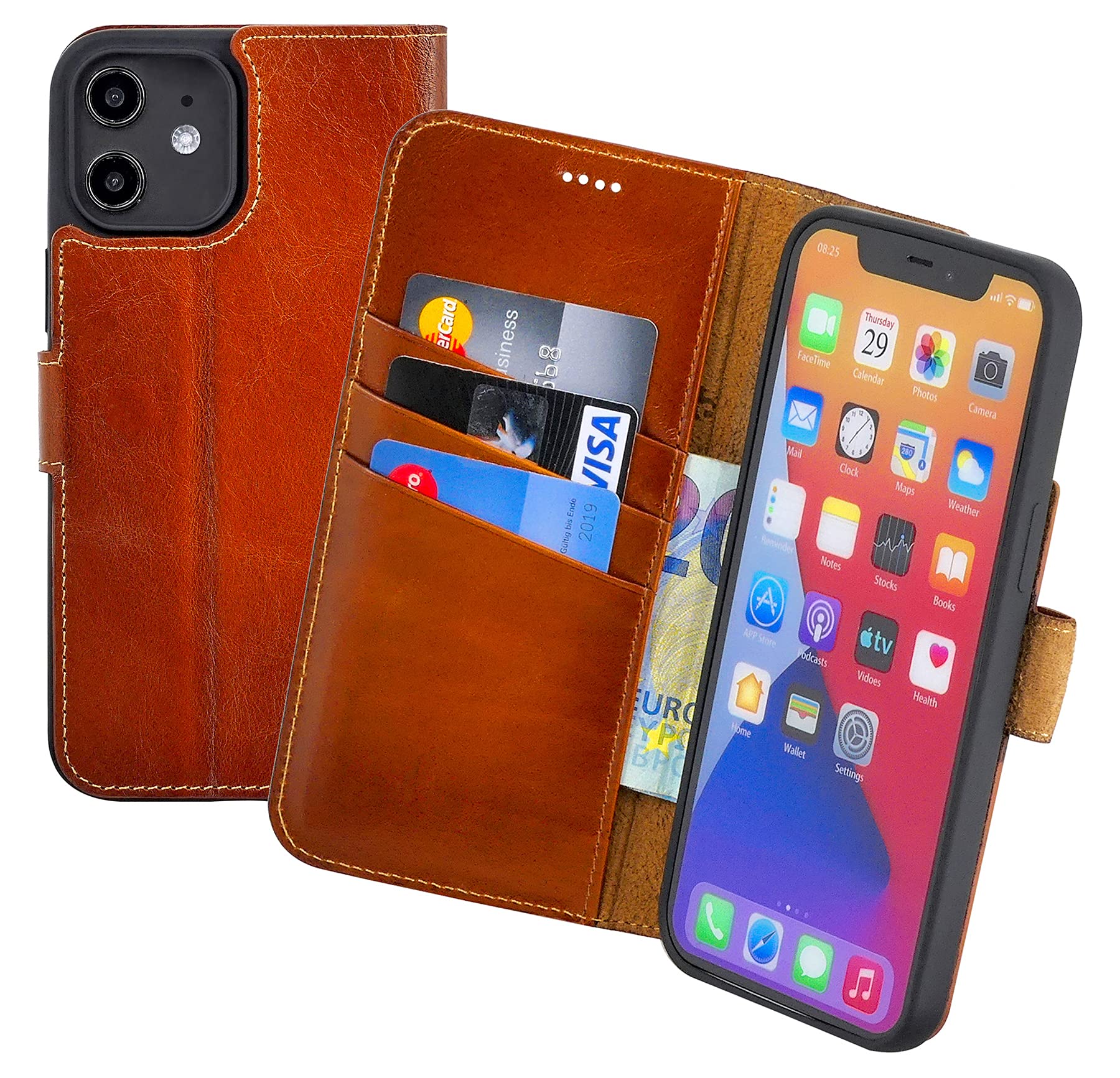 Suncase Book-style case compatible with iPhone 12 (6.1 inch) leather case (slim fit) leather mobile phone case protective case with 3 card slots in burned cognac.