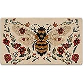 Livcoz Bumble Bee Flower Welcome Front Door Mat, Retro Honeybee Floral Decorative Doormat Non-Slip Floor Entryway Rug, Spring