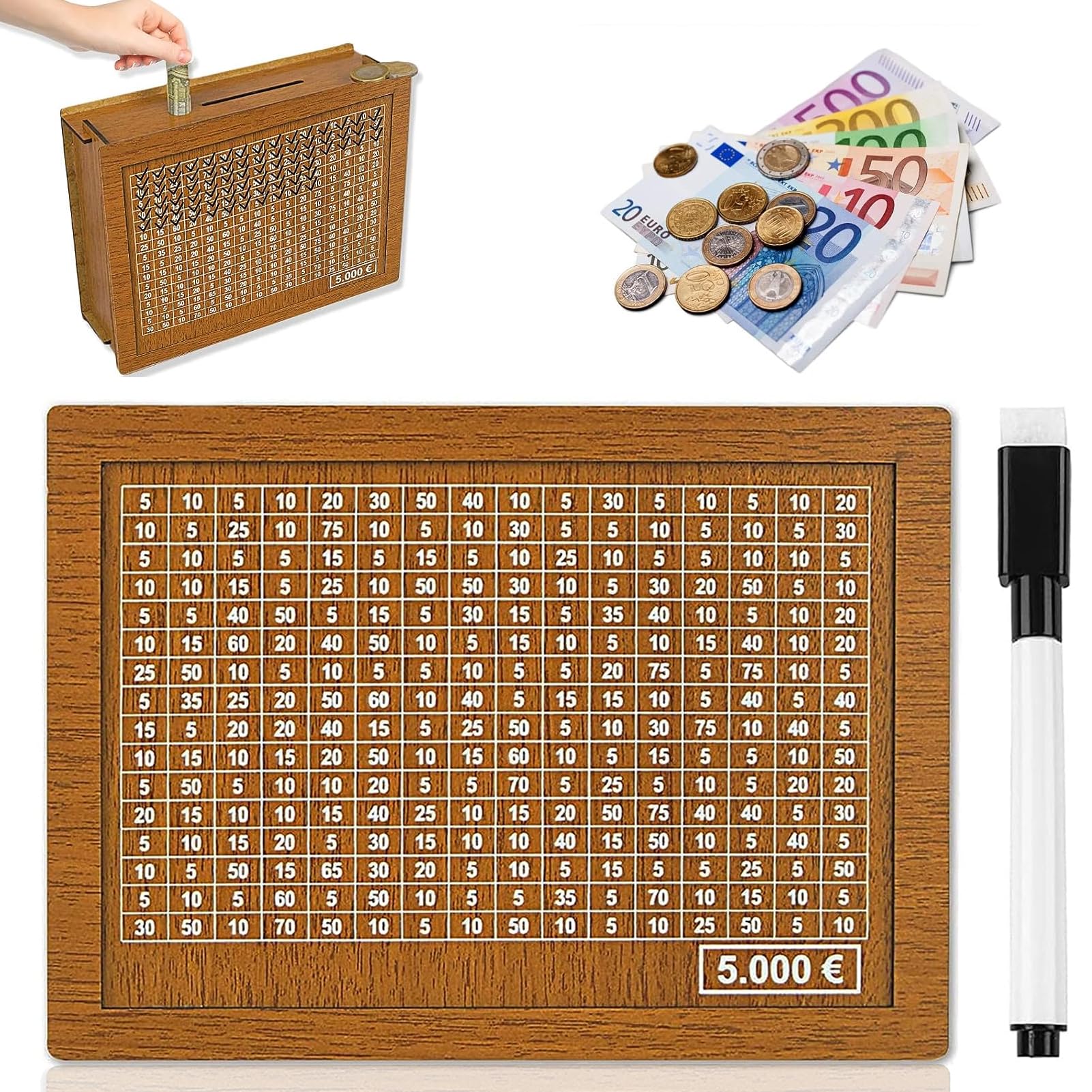 Money Saving Box, Wooden Savings Box, Money Saving Challenge with Numbers Tick with Counter, Reusable Cash Bank, Wooden Piggy Bank for Adults Kids with Savings Goals (5,000)