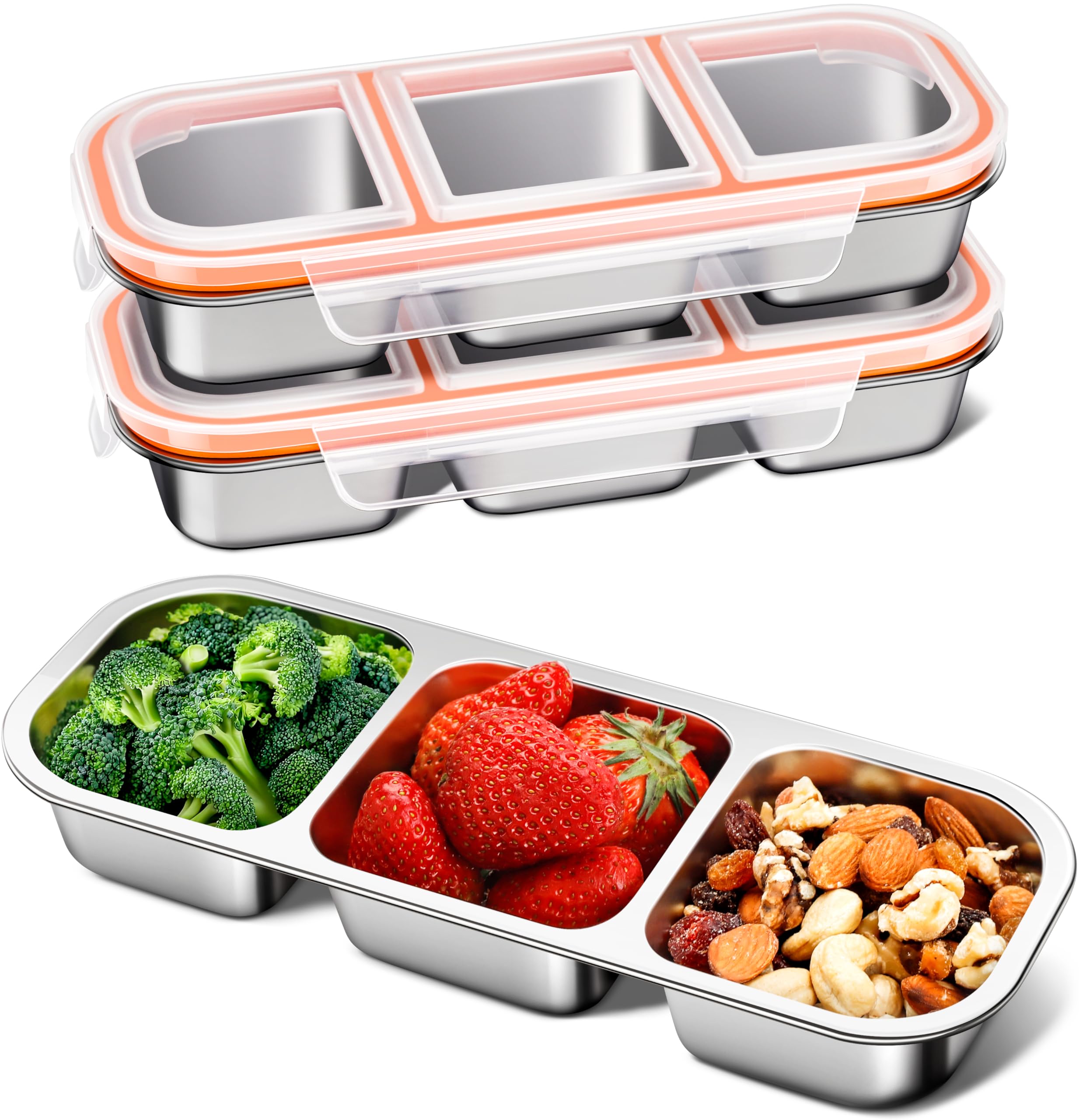 Photo 1 of 3 Pack Stainless Steel Snack Containers for Kids & Adults - Leek Proof Metal Bento Lunch Box with 3 Compartment - Lunchable Containers for Daycare, School, Work, Travel - Stackable Bento Snack Box