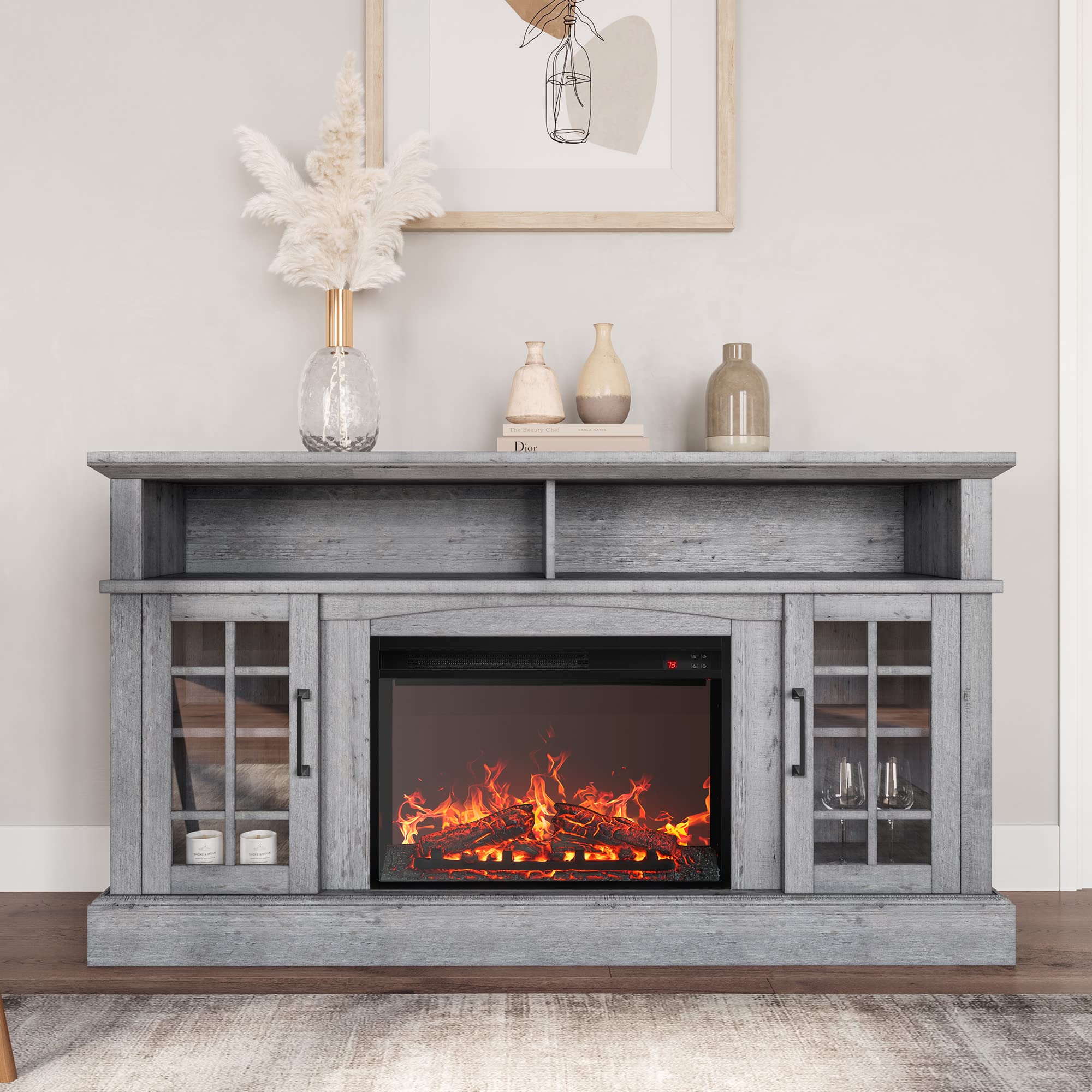 BELLEZE Traditional 58" Rustic TV Stand with 23" Electric Fireplace Heater, Media Entertainment