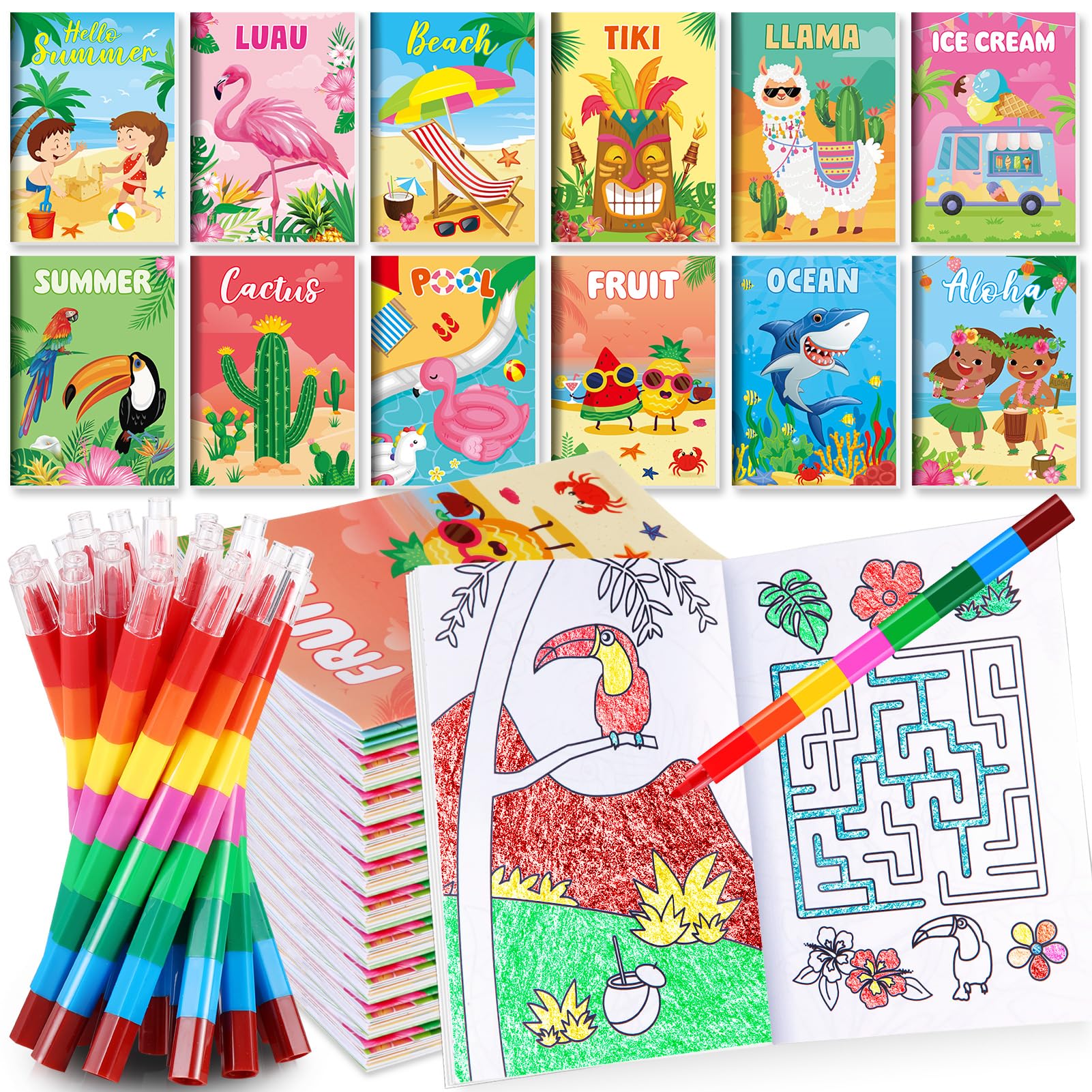 Photo 1 of BenLouis 12 Summer Mini Coloring Books Kids with 12 Stacking Crayons Pool Beach Party Favors Small Activity Books Bulk for Kids Summer Birthday Party Gift Goodie Bag Stuffers