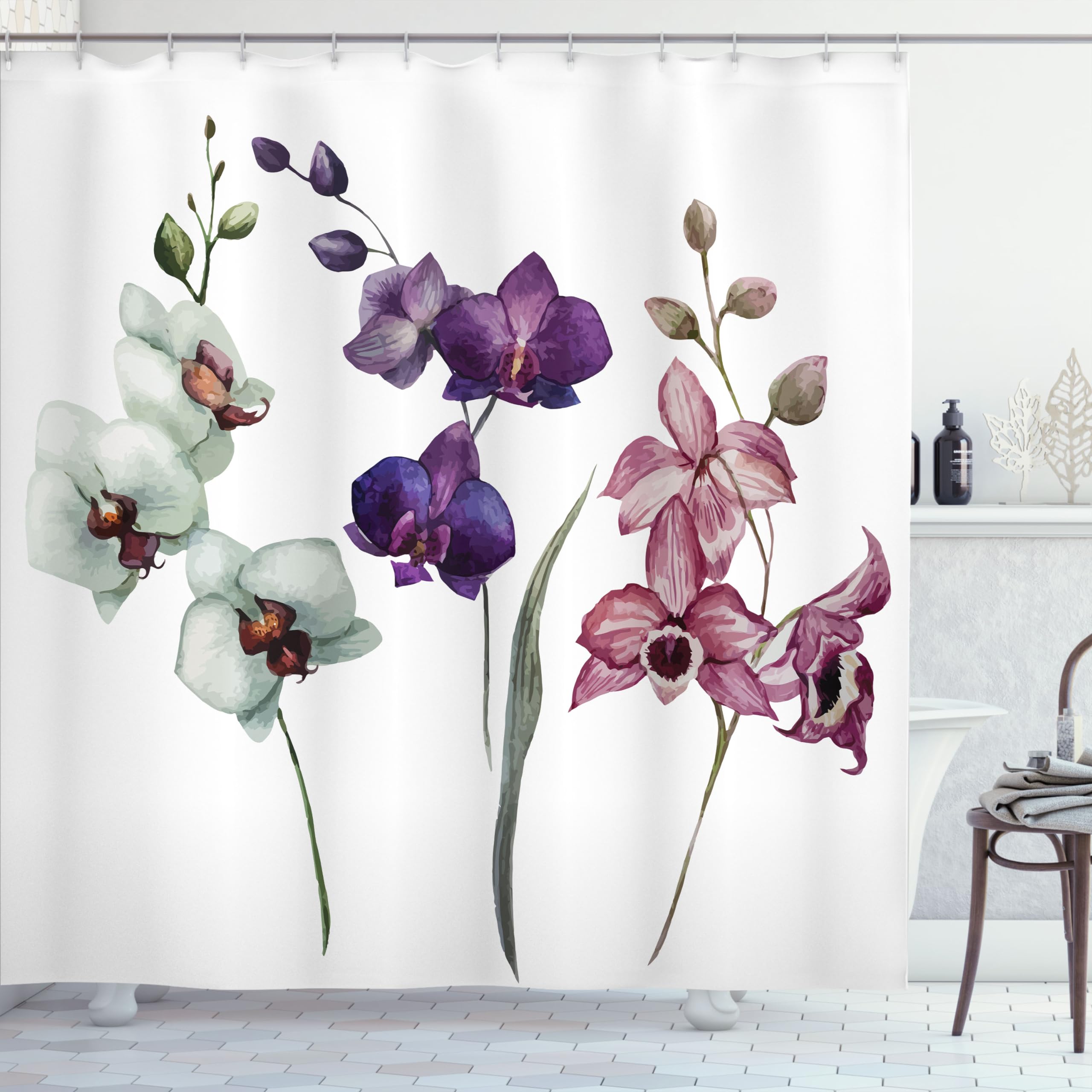ABAKUHAUS Watercolor Flower Shower Curtain, Different Orchid Flowers on Clear Background Exotic Blooms, Cloth Fabric Bathroom Decor Set with Hooks, 175 x 200 cm, Purple Dried Rose White