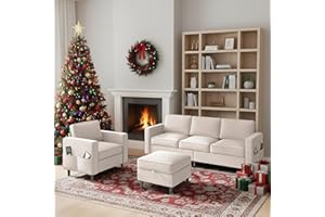 ADOWORE 2 Piece Living Room Sofa Sets, Modern 3 Seater Sofa with Storage Ottoman and Armchair Sets, Linen Fabric L Shaped Sectional Couch + Single Chair Sofa Sets for Living Room, Apartment,Beige