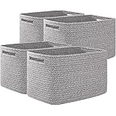 OIAHOMY 4 Pack Storage Baskets for Organizing, Cube Storage Bins for Shelves, Rectangle Storage Baskets With Handles, Woven Baskets for Storage, 12.7''Lx9''Wx7.8''H, Grey