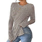 Striped Long Sleeve Shirts Womens Trendy Crew Neck Slimming Tight Fit Side Slit Knit Tops to Wear with Leggings