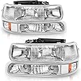 AUTOSAVER88 Headlight Assembly Compatible with 1999 2000 2001 2002 Chevy Silverado 1500 2500 1500HD 2500HD 3500/2000-2006 Tahoe Suburban Headlamp Pair with Bumper Lamp Chrome Housing Amber Reflector