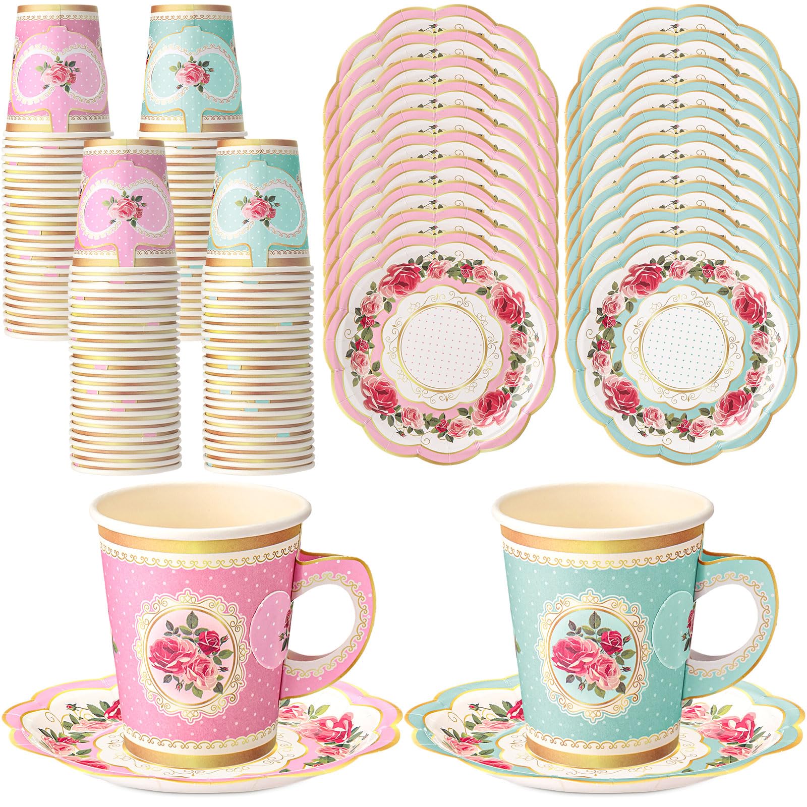 Photo 1 of Tioncy 100 Pcs Tea Party Decorations Include 50 Pieces 9 oz Paper Tea Cups with Handle and 50 Plates Disposable Teacups and Saucers Sets for Birthday(Pink and Blue Floral)