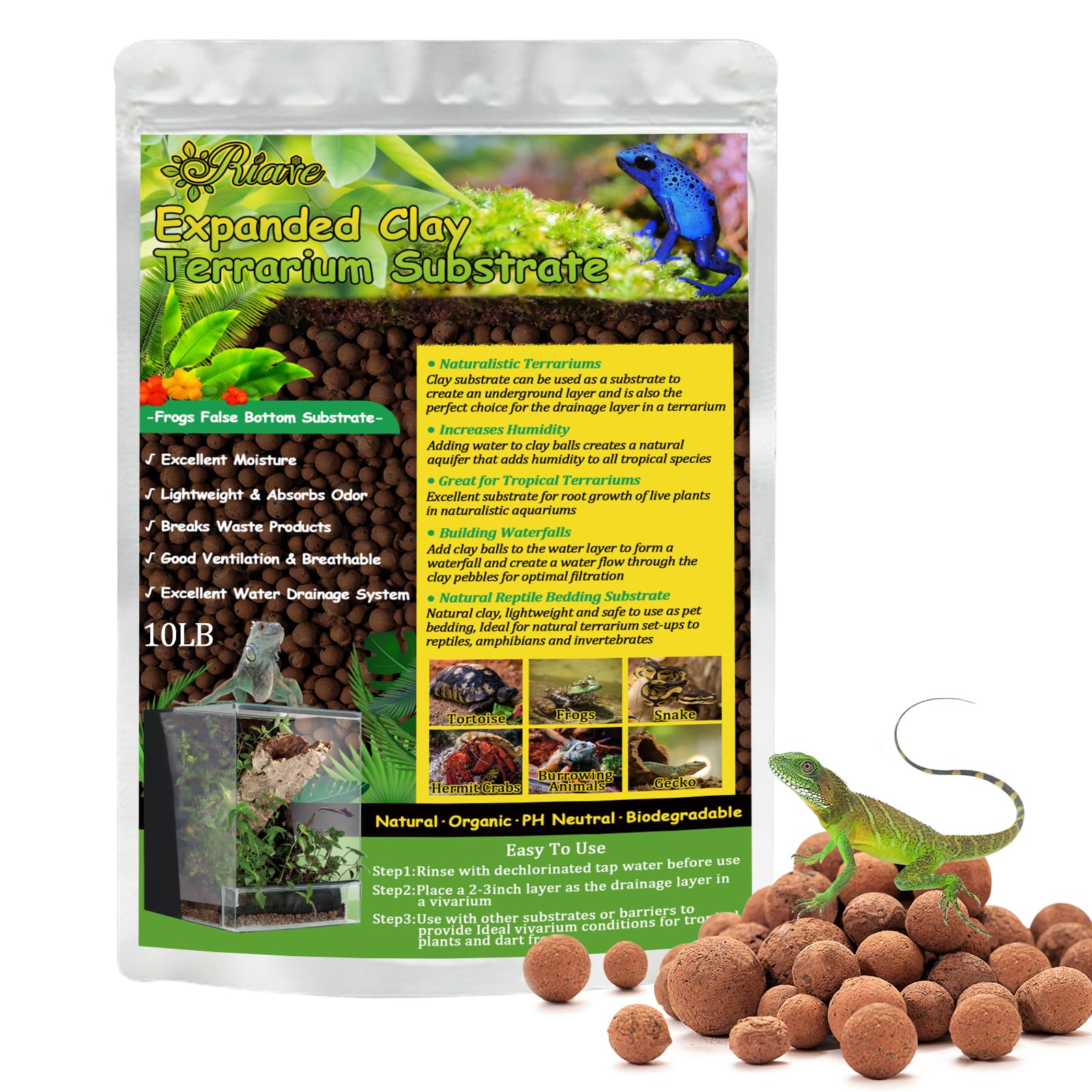 Photo 1 of Riare 10LBS Expanded Clay Balls Terrarium Substrate for Reptiles - 100% Organic Lightweight Clay Pebbles Substrate Frogs False Bottom Substrate, Bioactive Terrarium Substrate for Drainage and Moisture