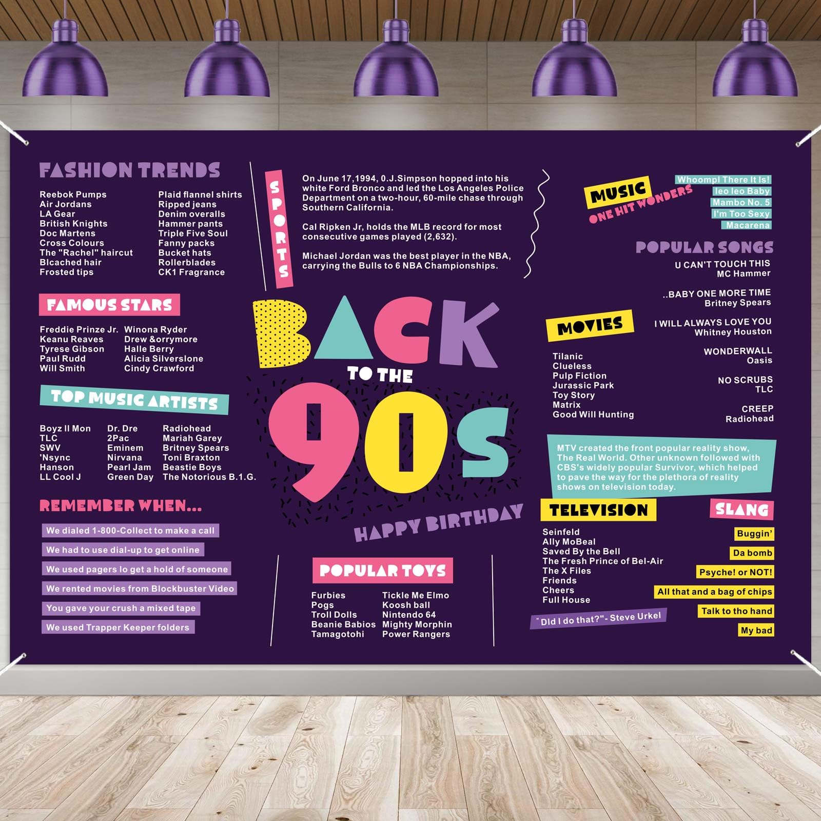 Photo 1 of Back to the 90s Banner Happy Birthday Decorations Neon Supplies Backdrop Vintage Birthday Theme Decor Birthday Gifts for Her or Him Birthday Party Favors Photo Booth Props Neon
