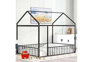 LAKIFUN Metal Full Size House Floor Bed Frame, Playhouse Design Twin Size House Bed with Fence,Metal Montessori Floor Bed Frame with Roof for Toddler Kids Teens Girls Boys Bedroom, Can Be Decorated,Black