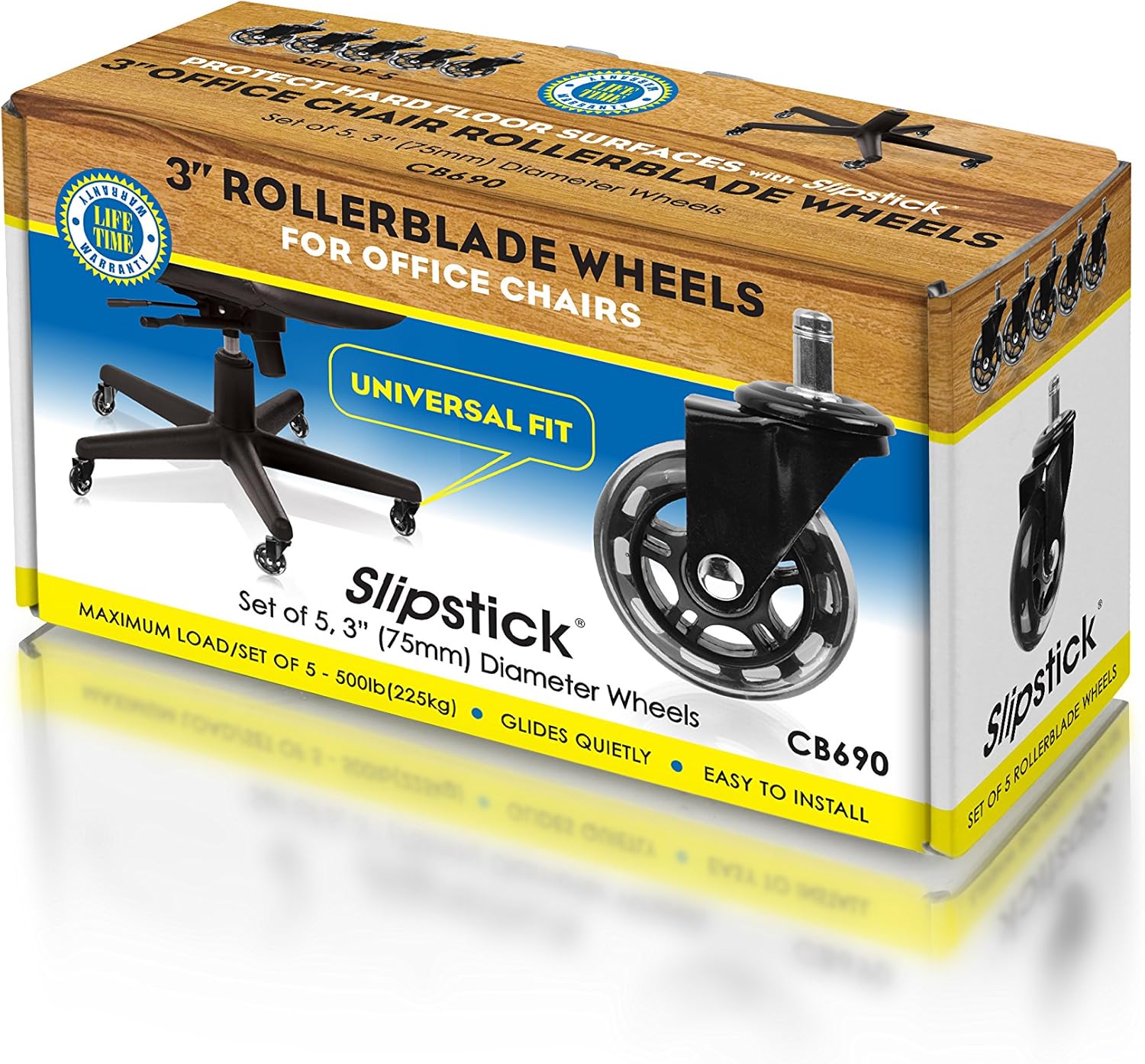 Slipstick CB690 Protecting Rubber Office Chair Wheels (Set of 5) Safe Rolling on All Flooring – Universal Fit Rollerblade Style Replacement Casters, Black/Black, 5 Count: Home Improvement