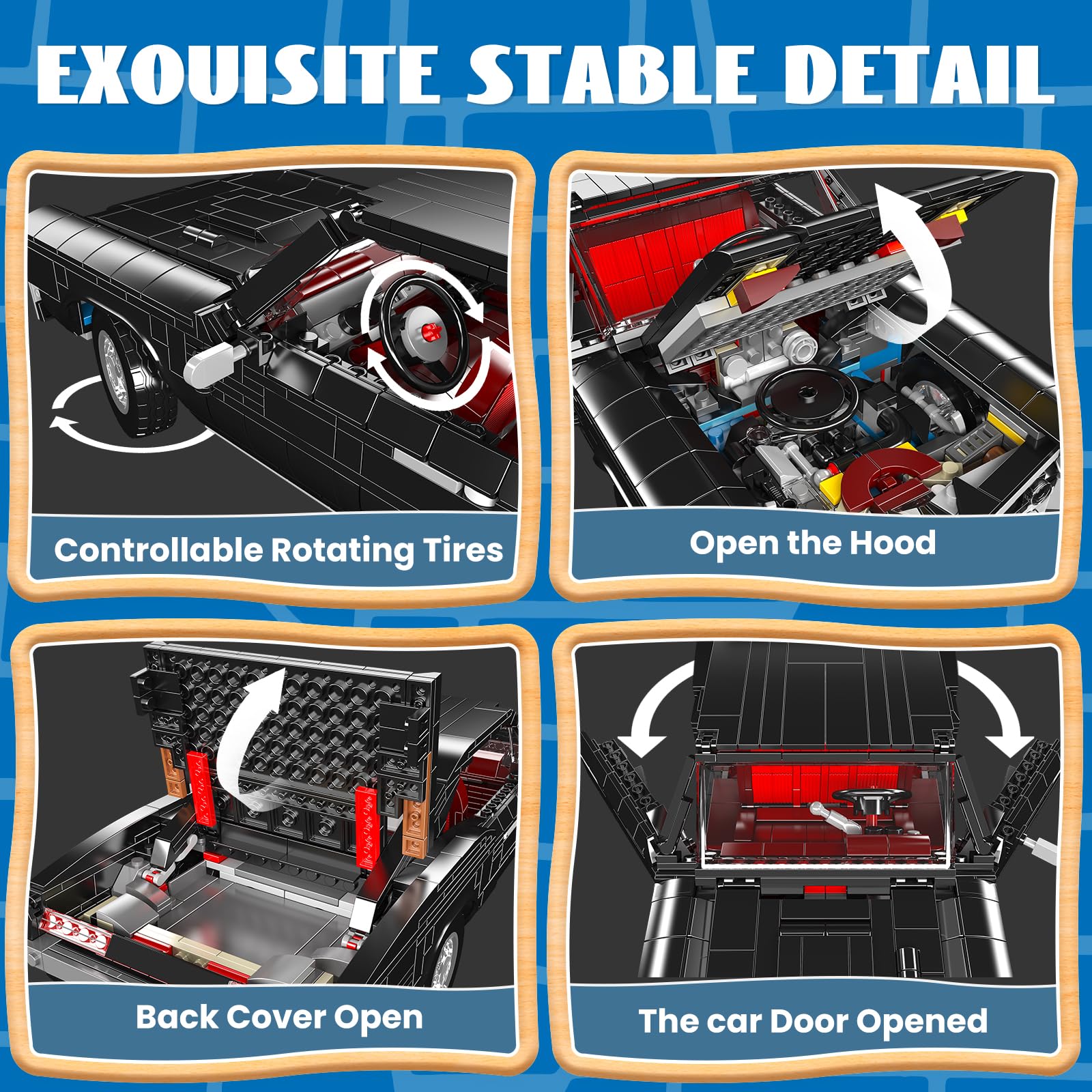 Mould King 10199 Technik Sportwagen Bausteine GTO Rennauto Klemmbausteine Klassischer Amerikanischer Muscle-Car Modellauto für Jungen und Erwachsene(1563 Teile) 6
