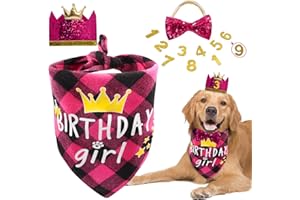 DOONLY Dog Birthday Party Supplies, Girl Dog Birthday Bandana Set with Cute Dog Bow Tie, Crown Hat with Numbers for Small Medium Large Dogs, Blue Dog Birthday Outfit (Pink)