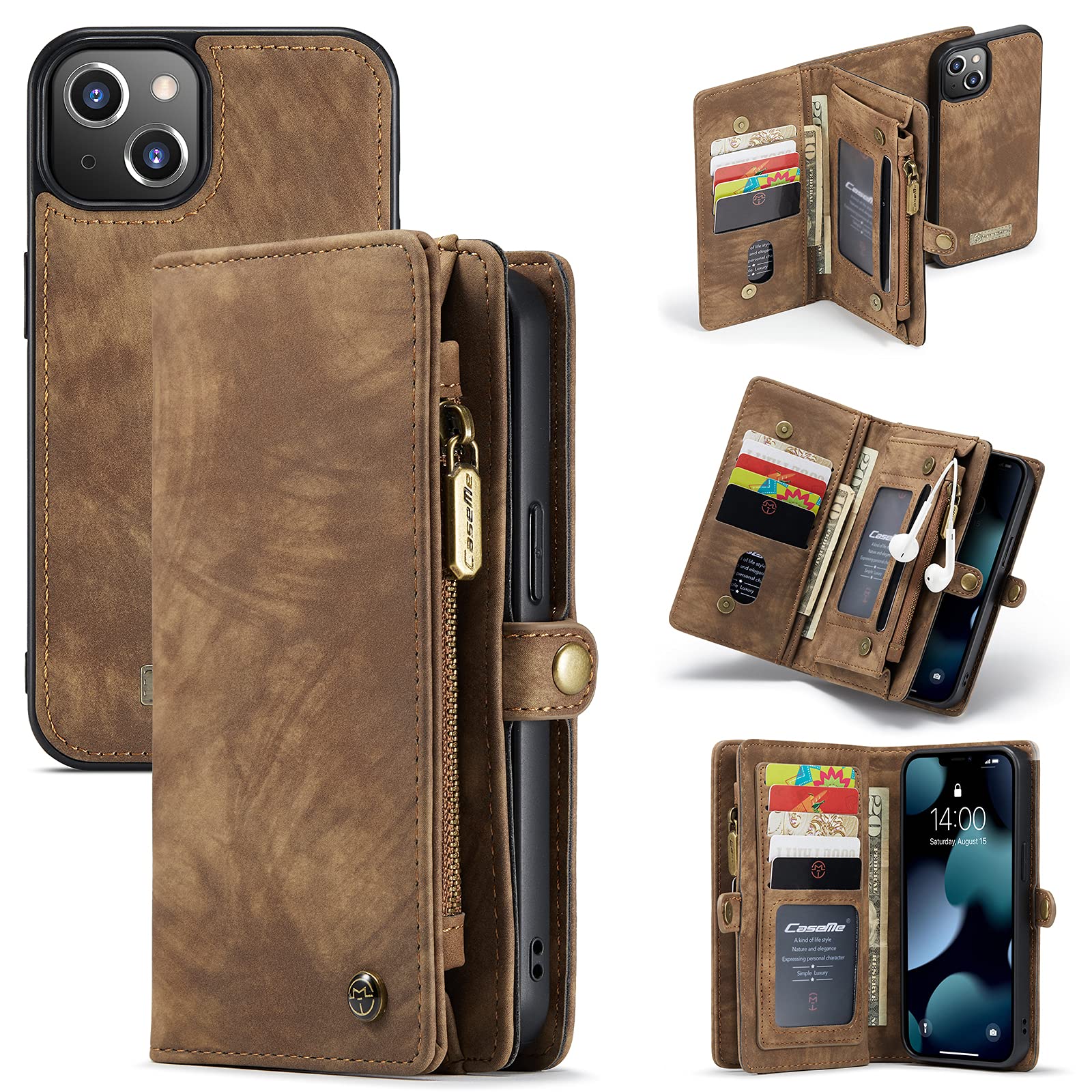 CaseMe Leather Flip Wallet Case for iPhone 13 Mini,Detachable Back Magnetic Closure 2-in-1 Shockproof Zipper Purse Cover with Card Slots (13 Mini, Coffee)