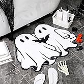 Drydiet Halloween Bath Rug 31.4 Inch Ghost Bat Pattern Goth Bath Mat Spooky Black White Gothic Bathroom Rug Non Slip Front Door Mat Carpet for Bedroom Home Living Room Kitchen Floor Decor Supplies