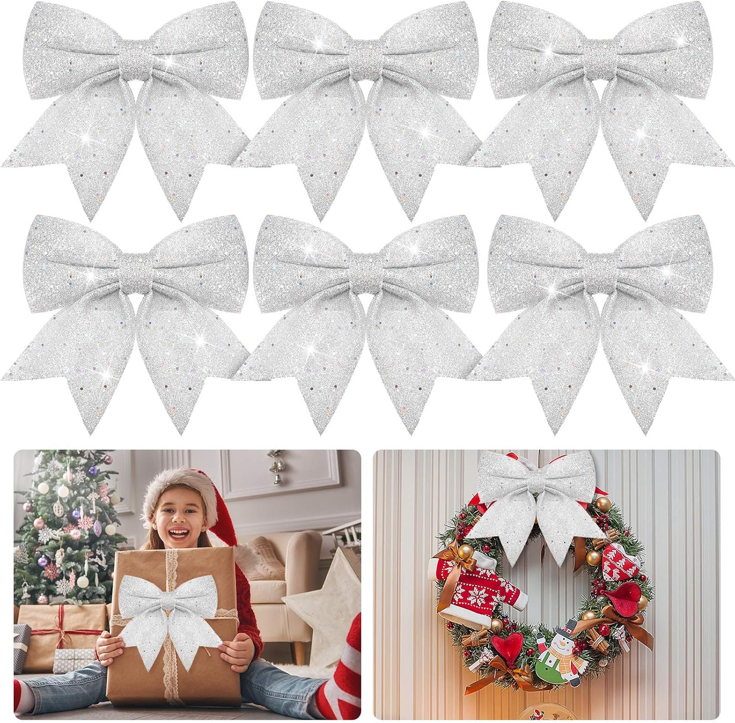 Bows & Ribbons - WILLBOND 6 Pieces 7.2 Inch Christmas Glitter Bows Thanksgiving Decor Bows Christmas Wreath Bows Ribbon Bows for Christmas Decorations Holiday Bows for Christmas Party Decor