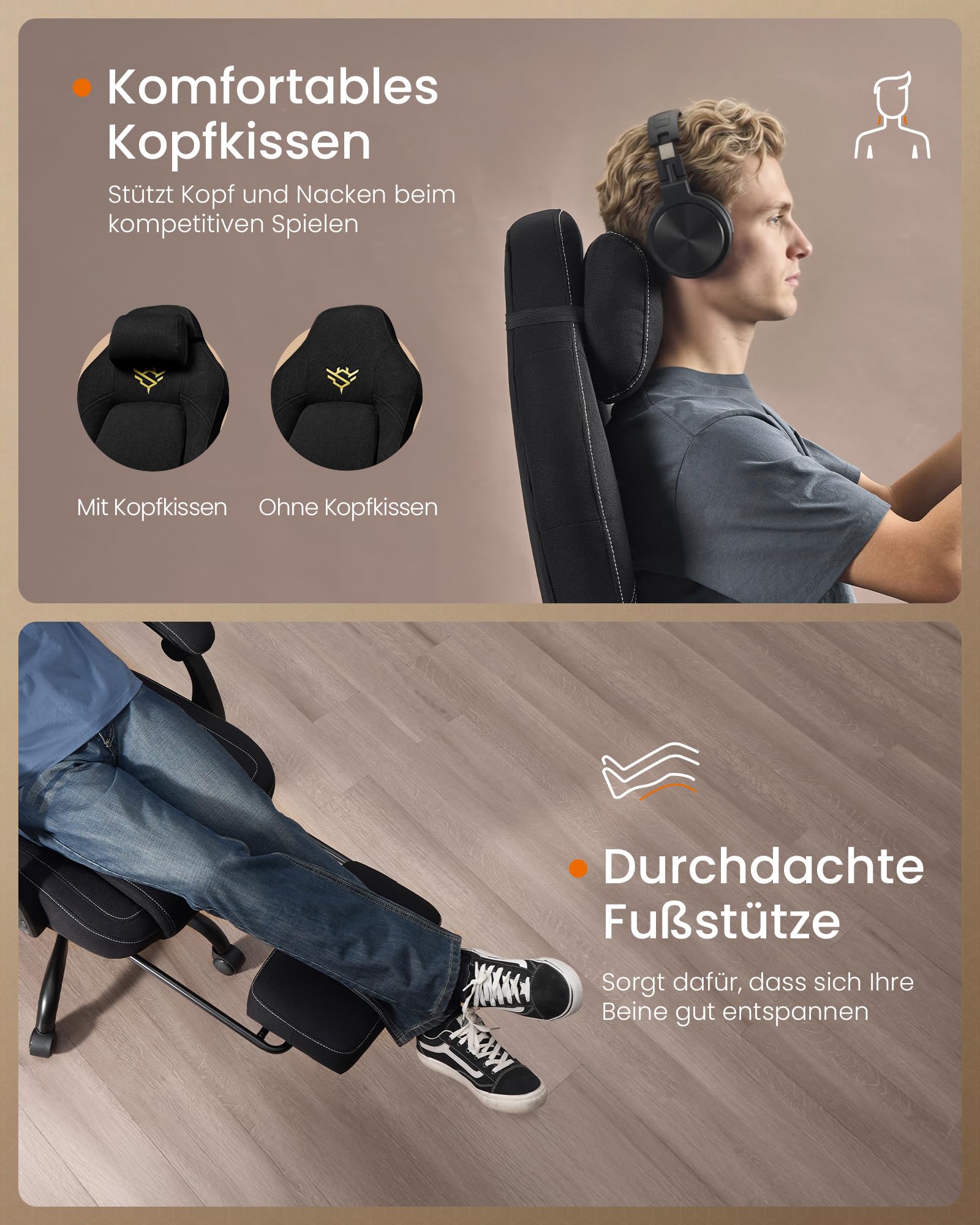 SONGMICS HOME Gaming-Stuhl, ergonomischer Computerstuhl mit Fußstütze, Bürostuhl, Drehstuhl mit Kopfkissen, Baumwoll-Leinen-Mischgewebe, höhenverstellbar, tintenschwarz OBG072BH03 6