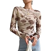Milumia Women's Floral Mesh Sheer Tee Crew Neck Bell Long Sleeve Tops