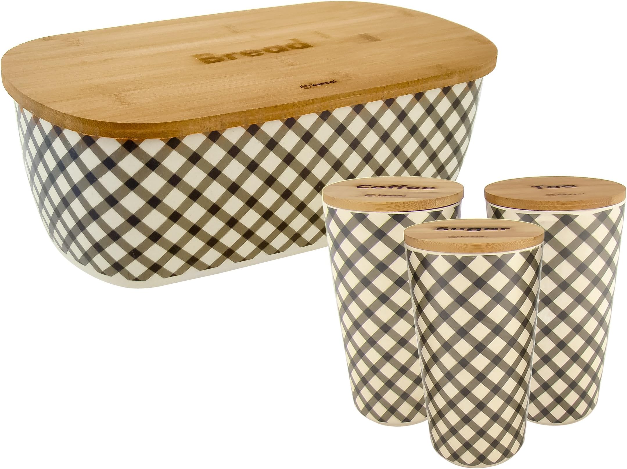 Elegant, Stylish Set of Kitchen Food Storage Coffee Tea Sugar and Bread Bin made of Bamboo Wood. Food Canisters Containers Storage Jar Pots and Bread Storage (Design 1)