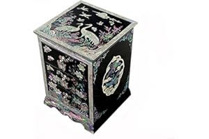 Antique Alive Mother of Pearl Inlay Design Jewelry Box, Wood Drawer Jewelry Box, Trinket Case, Keepsake Treasure Chest Box Organizer Holder (Pine Bird Black)