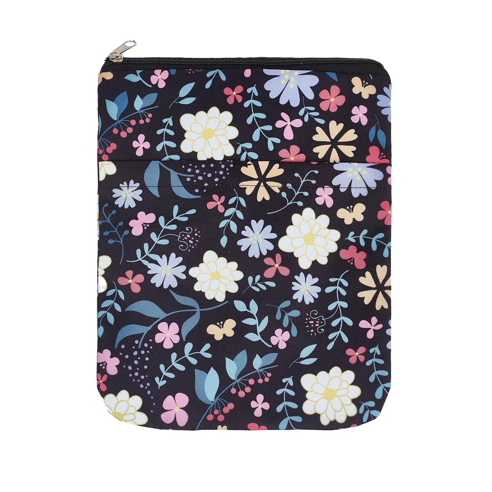 NICENEEDED Flower Printed Book Cover with Zipper, Waterproof Book Protector Sleeve, Washable Fabric Pouch with Front Pocket for Paperbacks and Hardcovers
