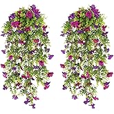 Season 2 Season Artificial Hanging Flowers for Outdoors,2 Pack Silk Fake Plant UV Resistant Faux Flower for Front Door Porch Planter Patio Yard Garden(Dark Purple)