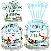 96Pcs Fishing 2nd Birthday Party Decorations Gone Fishing Two Paper Plates and Napkins Ofishally Two Disposable Tableware Set for Fisherman Baby Shower 2nd Birthday Party Supplies, Serves 24