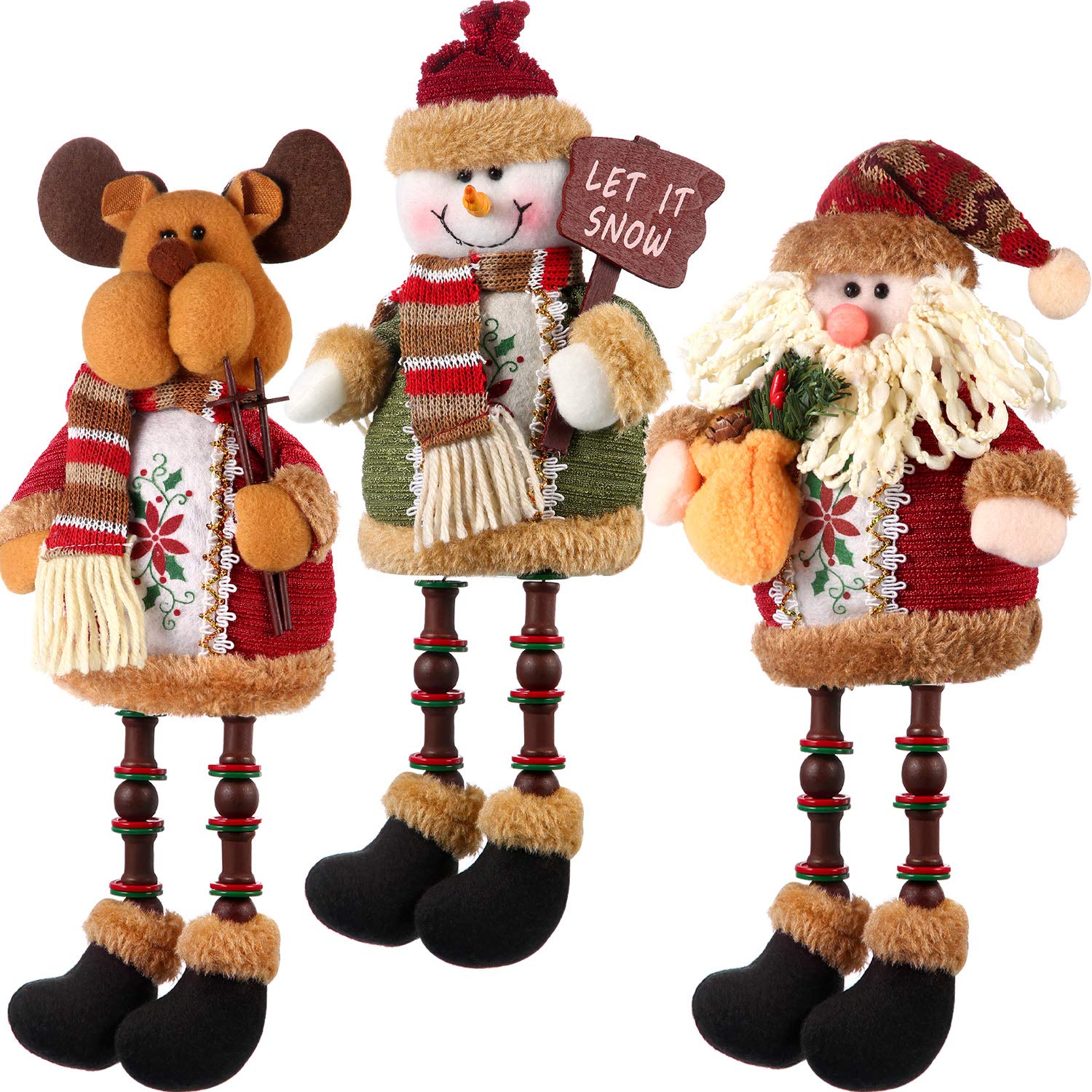 Sumind 3 Pcs Christmas Sitting Santa Claus Snowman Reindeer Sitter Christmas Ornament with Long Legs Xmas Figurines for Table Fireplace Home Decoration