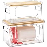 Goabroa Trash Bag Dispenser, 2 Pack Stackable Garbage Bag Holder with Bamboo Top, Clear Trash Bag Organizer Under Sink for Kitchen, Pantry, Cabinet, Laundry Room Storage and Organization