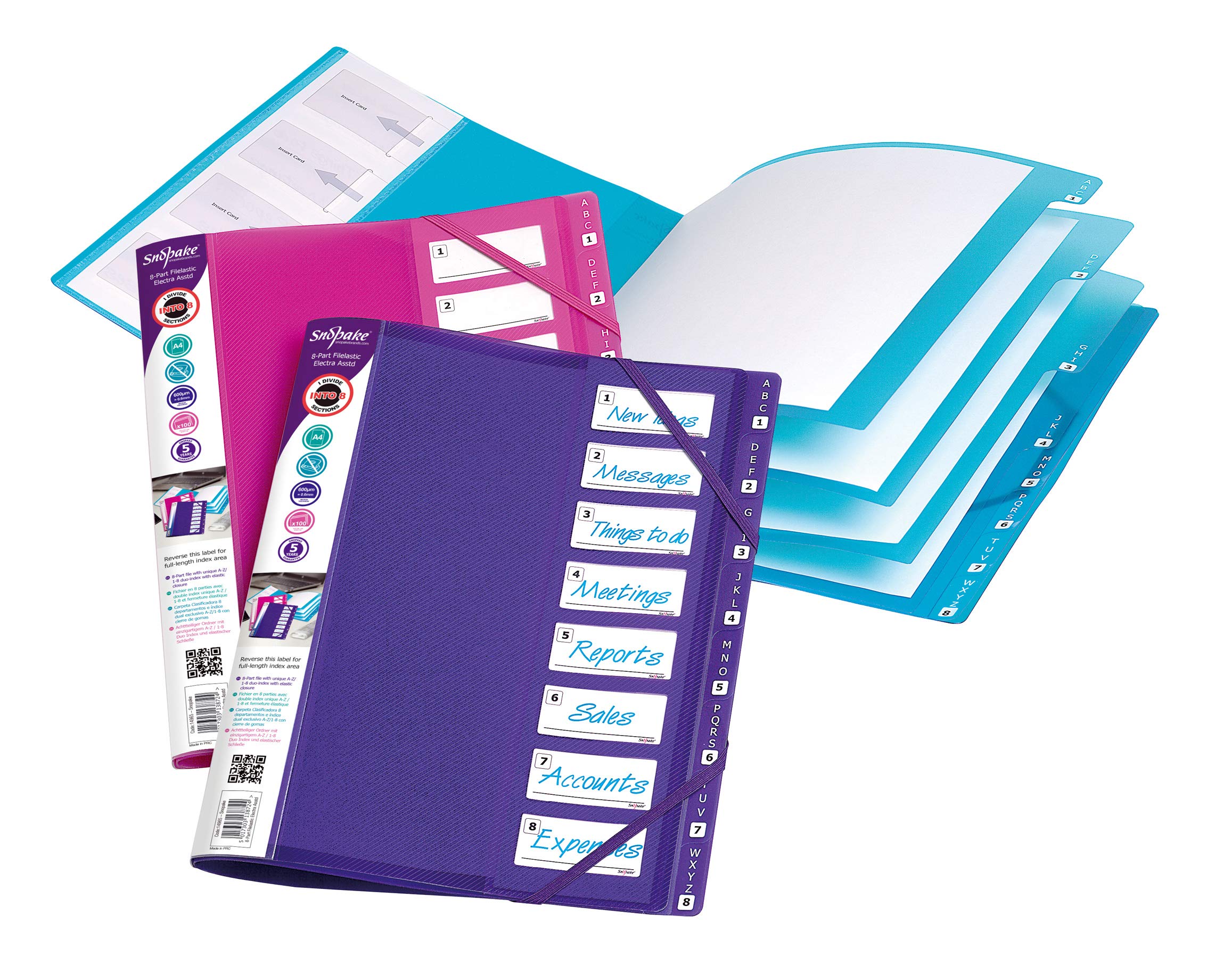 Snopake A4 8-Part FileLastic with Duo Index [Pack of 5] Multi-Part File/Divider with Elasticated Closure [Electra Assorted] 14965