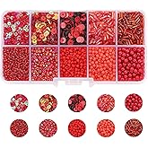GRSECPO Red Glass Seed Beads Tube Beads Set, 10 Types Assorted Glass Beads with Sequins for Jewelry Making, Seed Bead Kit for DIY Bracelets, Necklaces, Waist Bead Making Kit Craft Supplies