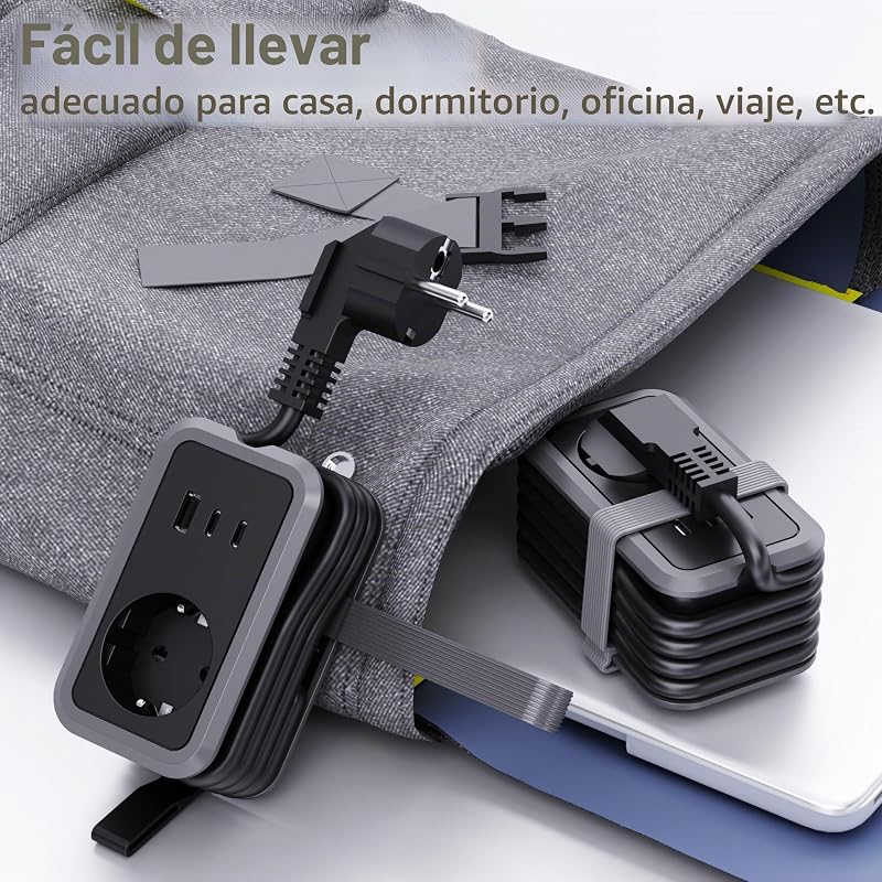 Regleta Portátil de Viaje, 1 Toma, 1 USB‑A y 2 USB‑C con Cable Enrollable — foto 5 de 7