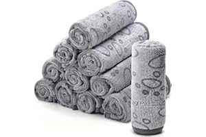 Tegeme 12 Pcs Pet Blankets Soft Fluffy Fleece Dog Cat Warm Paw Print Pattern Blankets Flannel Throw for Pets Dog Puppy Cat(23 x 16 Inch,Gray)