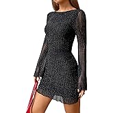 Milumia Women's Sparkly Mesh Long Sleeve Short Dress Backless Glitter Mini Dresses