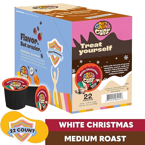CRAZY CUPS FLAVORED COFFEE FOR KEURIG K-CUP MACHINES, WHITE CHRISTMAS, HOT OR ICED DRINKS, 22 SINGLE SERVE, RECYCLABLE PODS