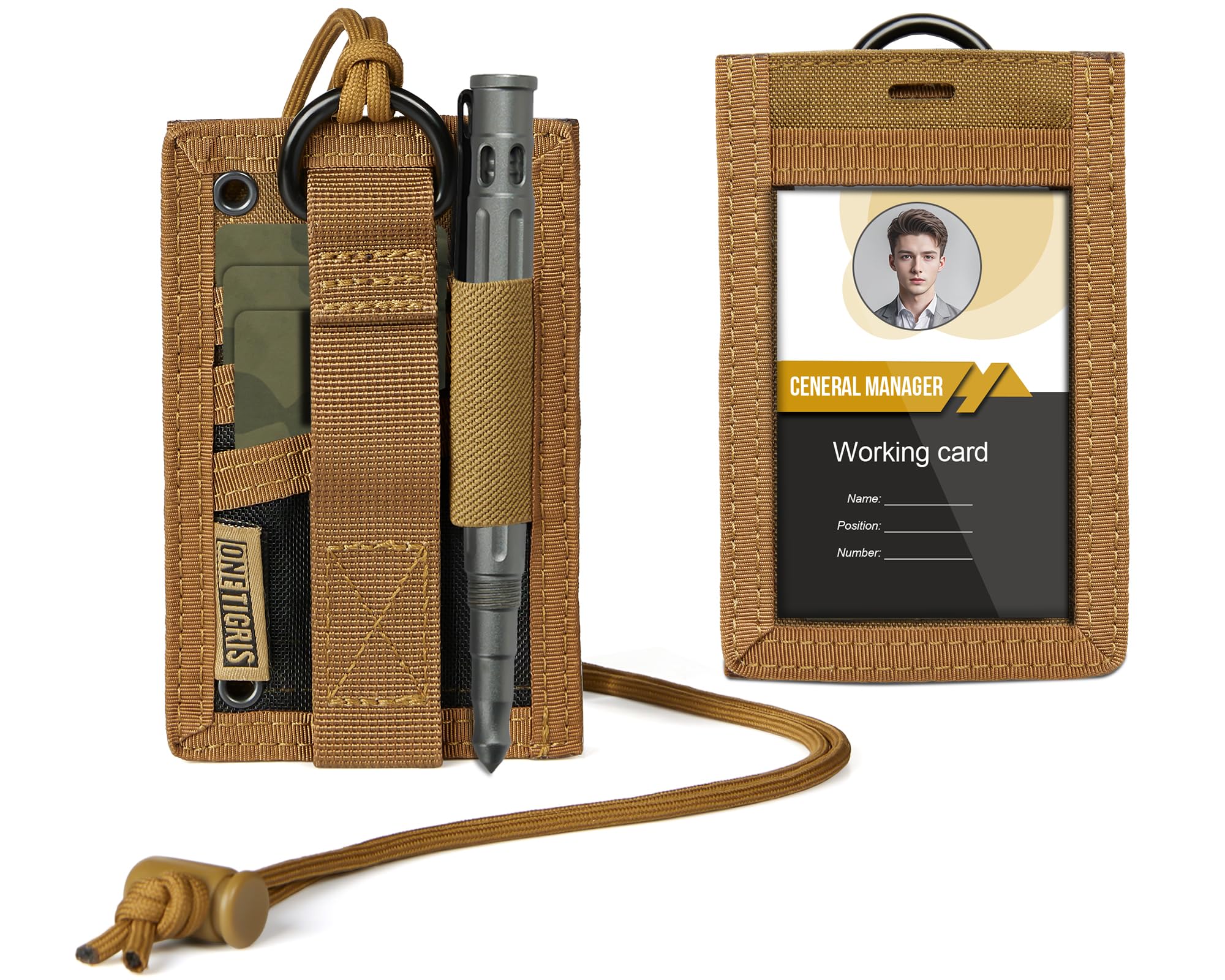 OneTigris ID Card Holder 2‑in‑1 Tactical, MOLLE Compatible 500D Nylon Security Badge Holder with Clear Window, 3 Card Slots & Pen Loop, EDC Organiser for Security Guards, Police, Outdoor