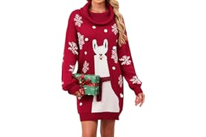 DancingYarns Womens Cute Ugly Christmas Sweater Dress Pullover Turtleneck Ugly Llama Snowflake Long Sleeve Winter Dresses